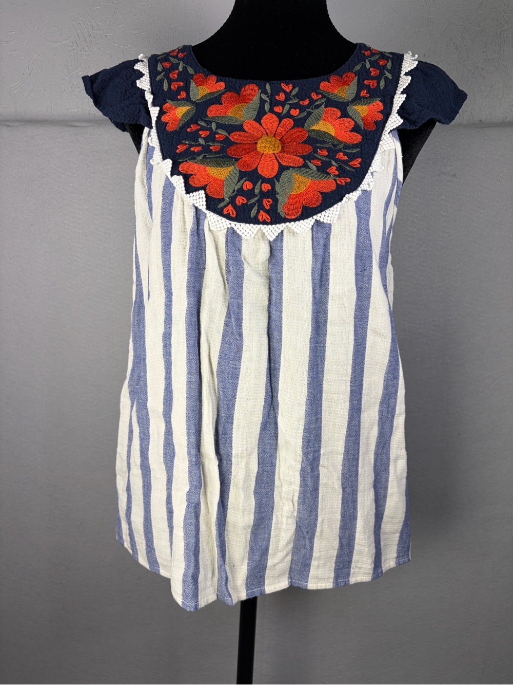 THML Navy Yoke Striped Tank with Red Floral Embroidery